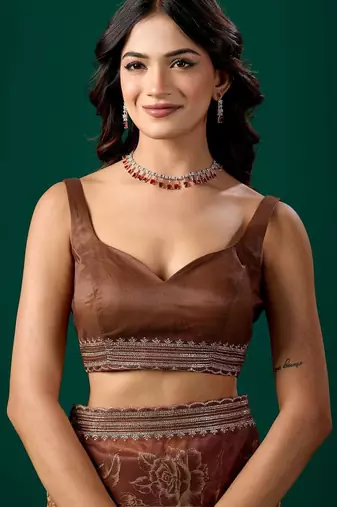 Brown floral embroidered tissue saree