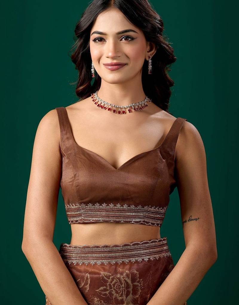 Brown floral embroidered tissue saree