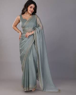 Sea green stonework embellished beads border silk saree with unstitched blouse 1