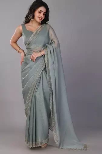 Sea green stonework embellished beads border silk saree with unstitched blouse