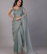 Sea green stonework embellished beads border silk saree with unstitched blouse