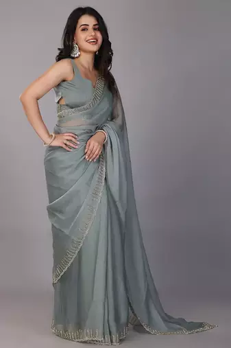 Sea green stonework embellished beads border silk saree with unstitched blouse