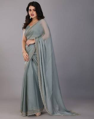 Sea green stonework embellished beads border silk saree with unstitched blouse 3