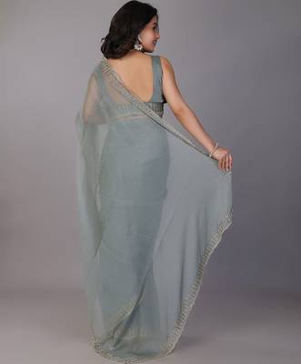 Sea green stonework embellished beads border silk saree with unstitched blouse 4