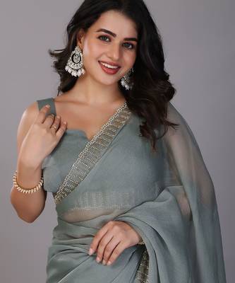 Sea green stonework embellished beads border silk saree with unstitched blouse 5