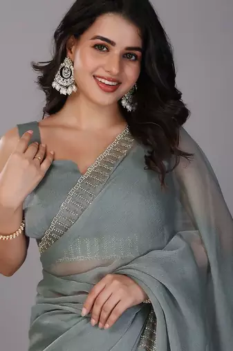 Sea green stonework embellished beads border silk saree with unstitched blouse