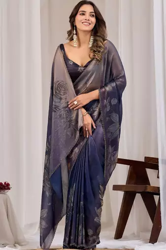 Navy blue floral beads and stones organza saree