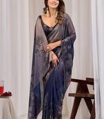 Navy blue floral beads and stones organza saree
