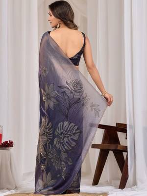 Navy blue floral beads and stones organza saree 4