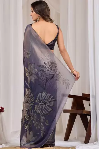 Navy blue floral beads and stones organza saree