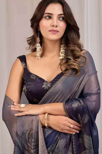 Navy blue floral beads and stones organza saree