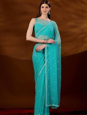 Turquoise floral embroidered  chiffon saree 1