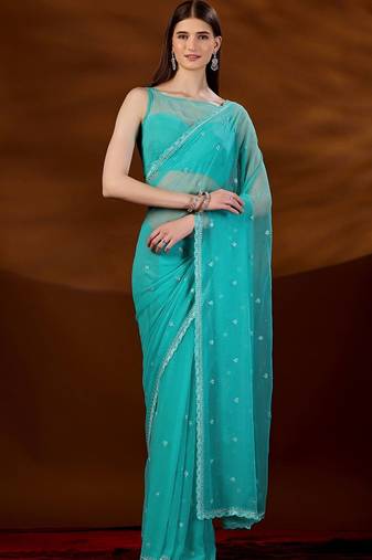 Turquoise floral embroidered  chiffon saree