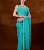 Turquoise floral embroidered  chiffon saree