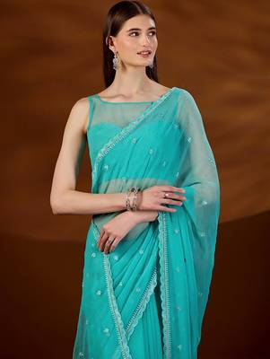 Turquoise floral embroidered  chiffon saree 2