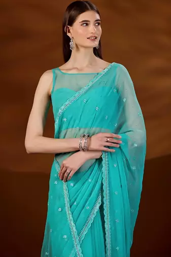 Turquoise floral embroidered  chiffon saree