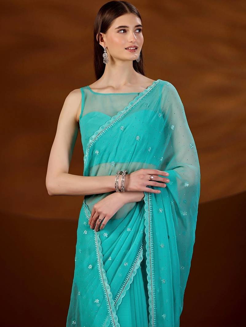 Turquoise floral embroidered  chiffon saree
