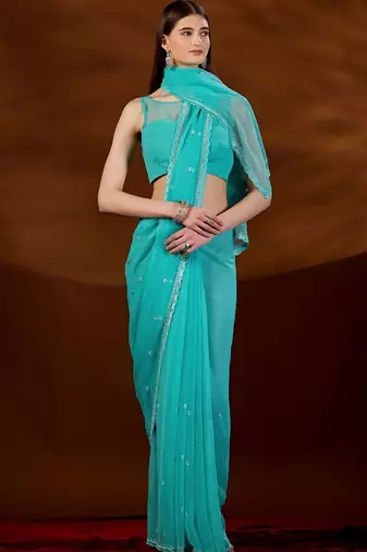 Turquoise floral embroidered  chiffon saree