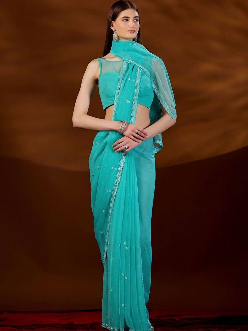 Turquoise floral embroidered  chiffon saree