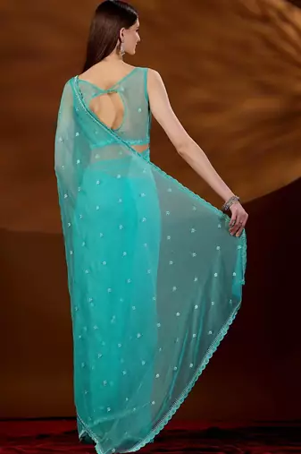 Turquoise floral embroidered  chiffon saree