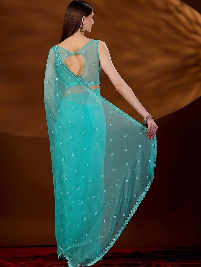 Turquoise floral embroidered  chiffon saree