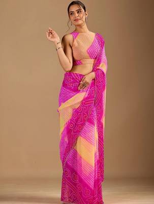 Pink leheriya beads and stones poly chiffon saree 1