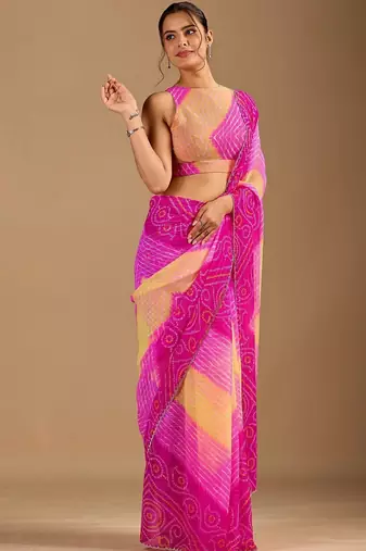 Pink leheriya beads and stones poly chiffon saree