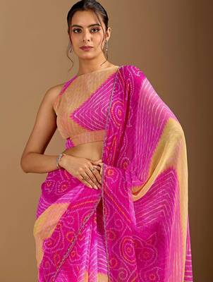 Pink leheriya beads and stones poly chiffon saree 2