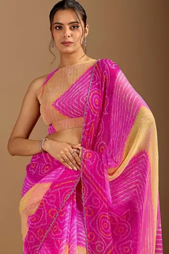 Pink leheriya beads and stones poly chiffon saree