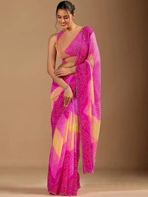 Pink leheriya beads and stones poly chiffon saree 3