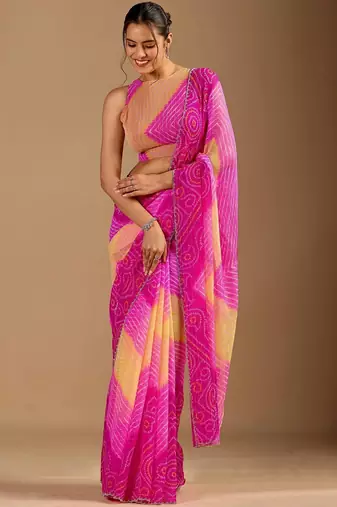 Pink leheriya beads and stones poly chiffon saree