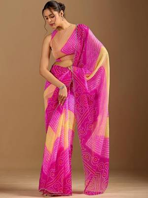 Pink leheriya beads and stones poly chiffon saree 4