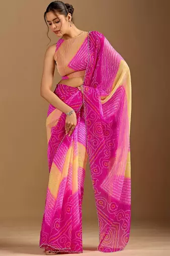 Pink leheriya beads and stones poly chiffon saree