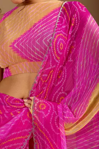 Pink leheriya beads and stones poly chiffon saree