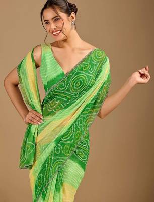 Green bandhani beads and stones poly chiffon saree 1