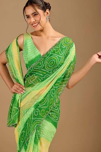 Green bandhani beads and stones poly chiffon saree