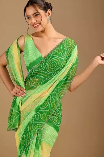 Green bandhani beads and stones poly chiffon saree