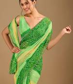 Green bandhani beads and stones poly chiffon saree