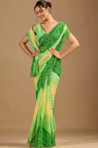 Green bandhani beads and stones poly chiffon saree