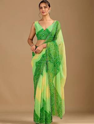 Green bandhani beads and stones poly chiffon saree 3
