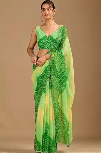 Green bandhani beads and stones poly chiffon saree