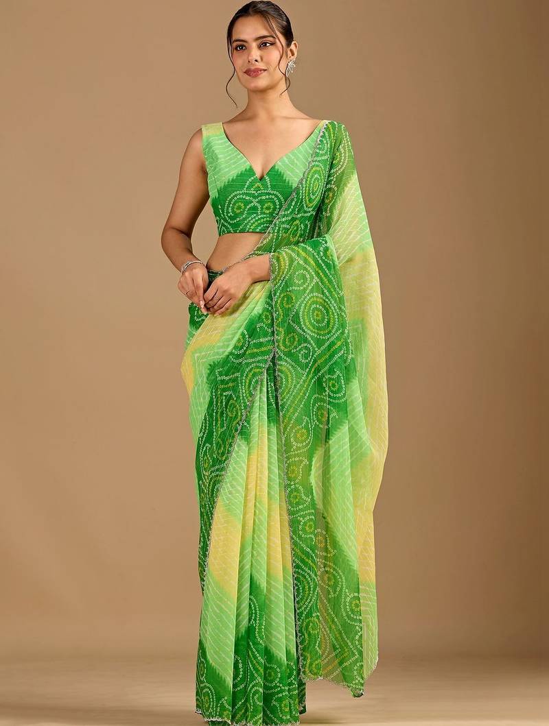 Green bandhani beads and stones poly chiffon saree