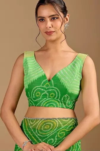 Green bandhani beads and stones poly chiffon saree