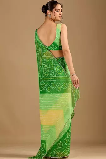 Green bandhani beads and stones poly chiffon saree