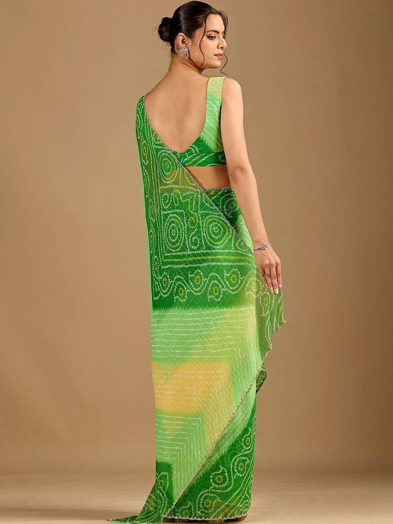 Green bandhani beads and stones poly chiffon saree