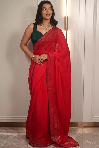 Red embellished sequinned poly chiffon heavy work saree