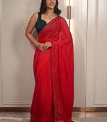 Red embellished sequinned poly chiffon heavy work saree