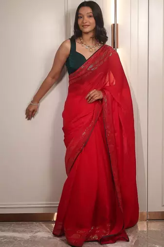 Red embellished sequinned poly chiffon heavy work saree
