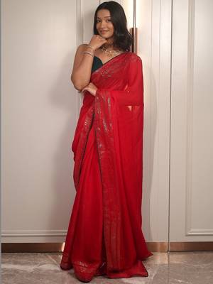 Red embellished sequinned poly chiffon heavy work saree 3