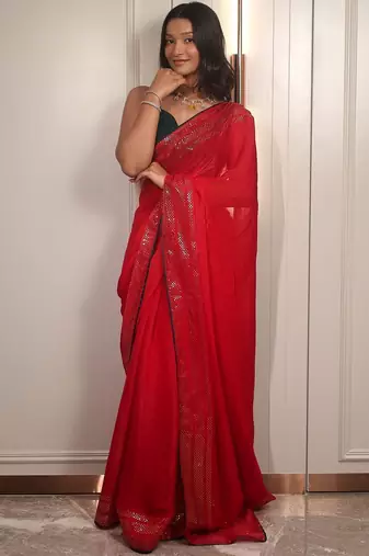 Red embellished sequinned poly chiffon heavy work saree